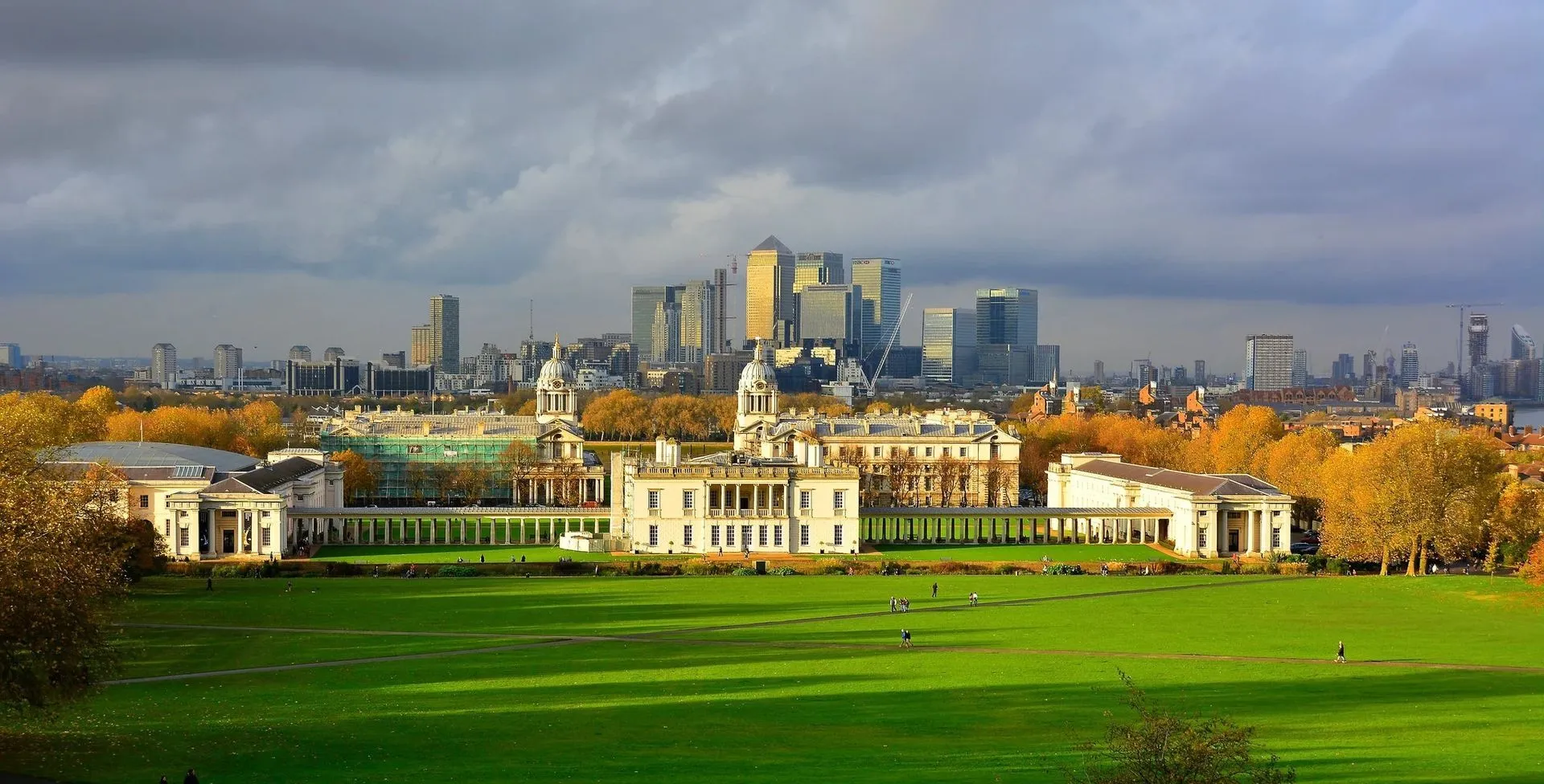 View across Greenwich Park towards the Old Royal Naval College and the Canary Wharf skyline
