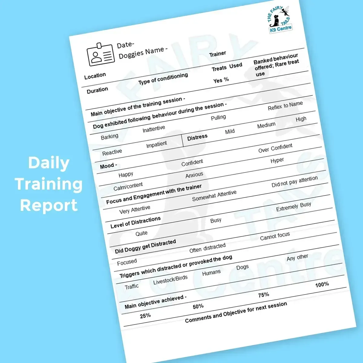 Example of a daily training report sent to parents