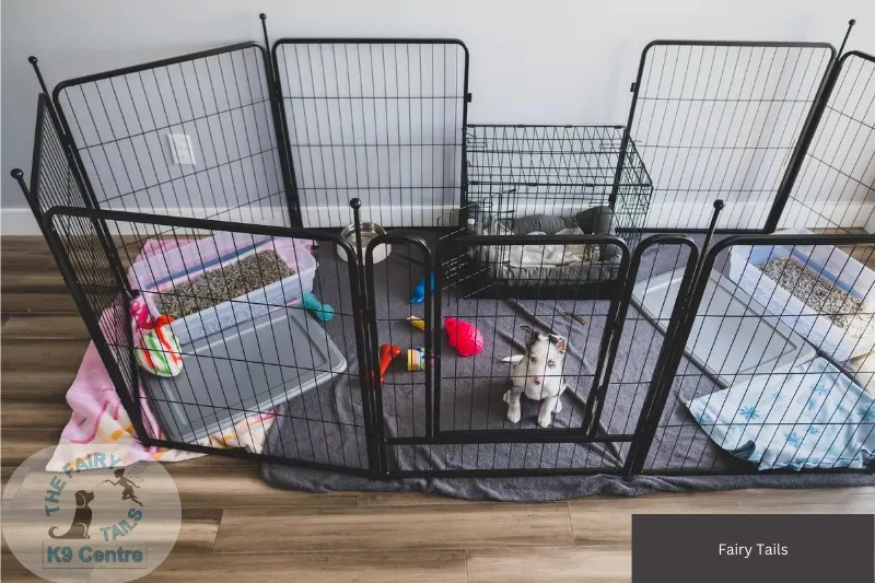 A puppy in a play pen with toys and bedding at Fairy Tails